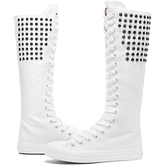 🆕Women & Girls White Canvas Long Rivet Knee High Canvas Boots Punk Style Boots - Picture 10 of 10
